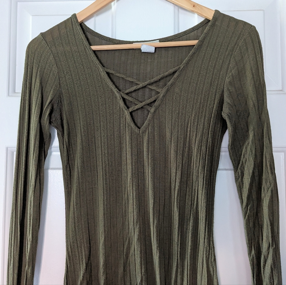 {Ambiance} Army Green Ribbed Long Sleeve Top